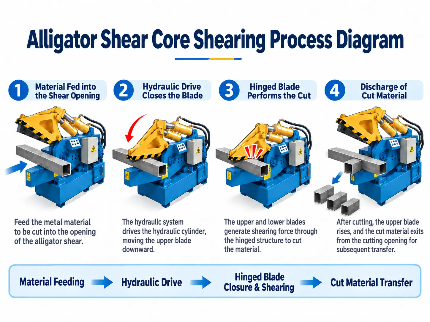 Material feeding → Hydraulic drive → Hinged cutting jaw closes and shears → Cut material transfer