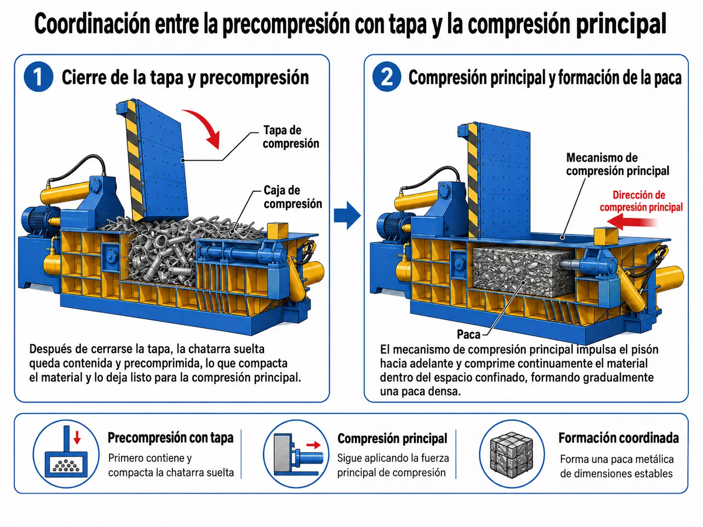 Formación coordinada de la paca mediante confinamiento con la tapa de compresión y compresión principal