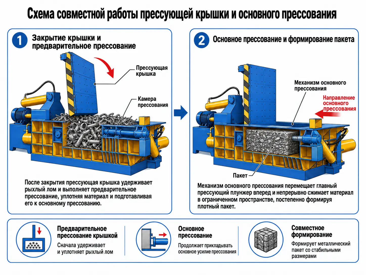 Согласованное формирование пакета за счет удержания материала прессующей крышкой и основного прессования