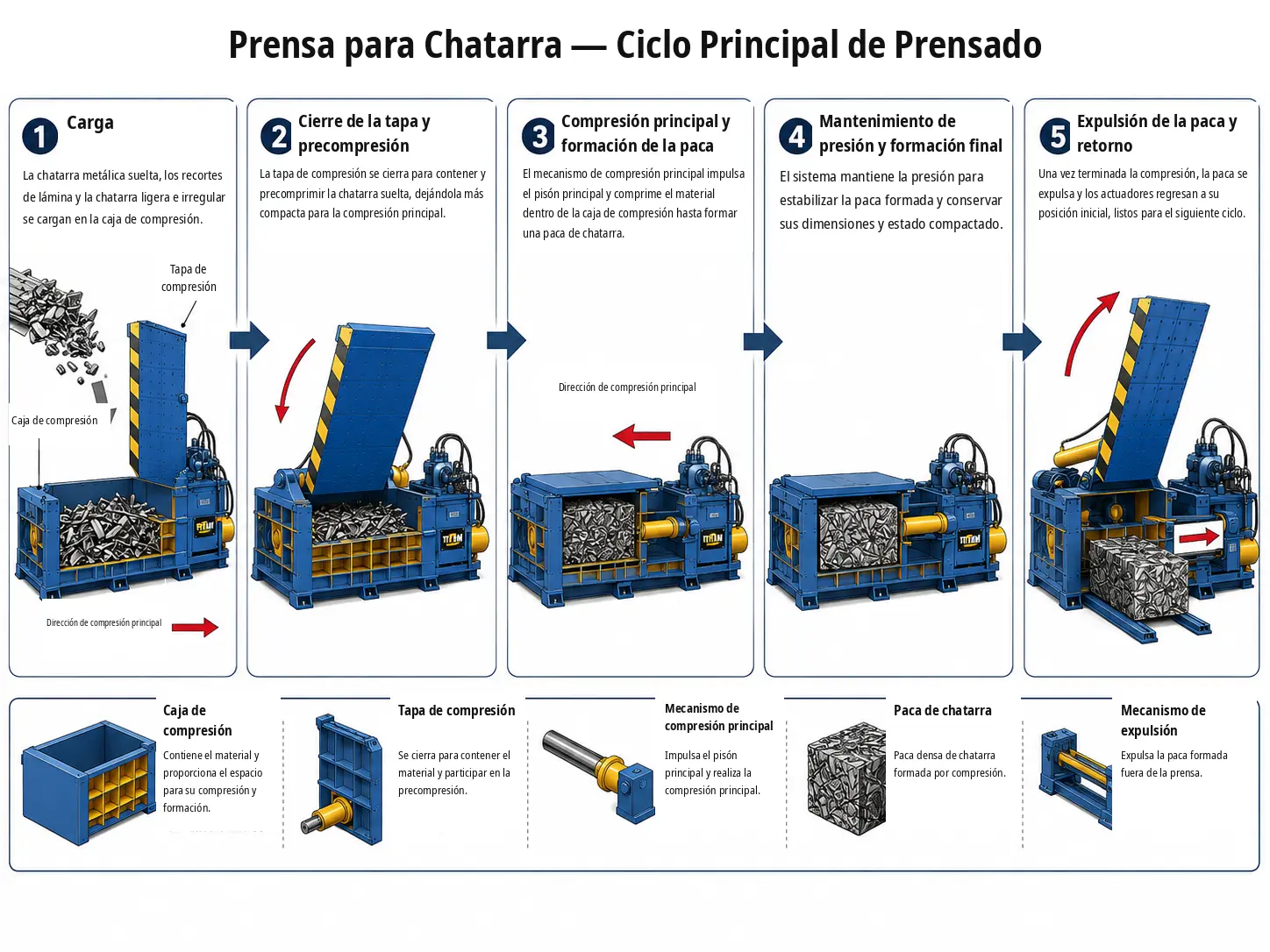 Ciclo principal de trabajo: desde la carga de chatarra metálica suelta y el cierre de la tapa de compresión, pasando por la compresión y formación de la paca, hasta la expulsión y el retorno a la posición inicial.