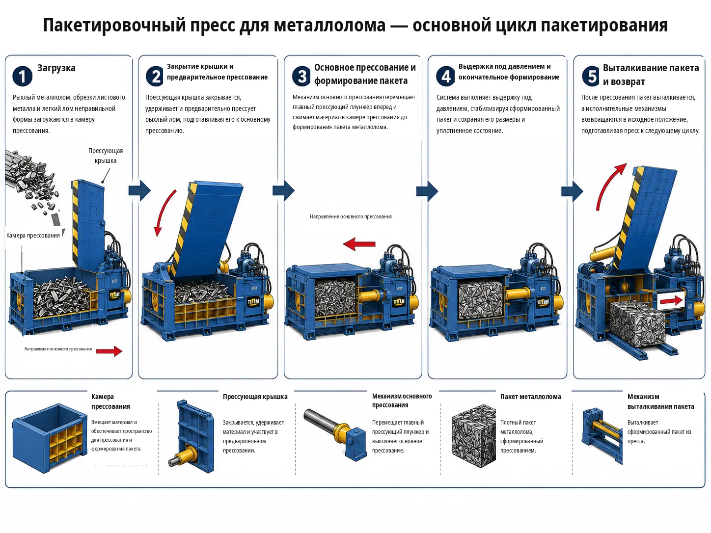 Основной рабочий цикл: от загрузки рыхлого металлолома и закрытия прессующей крышки через прессование и формирование пакета до его выталкивания и возврата механизмов в исходное положение.