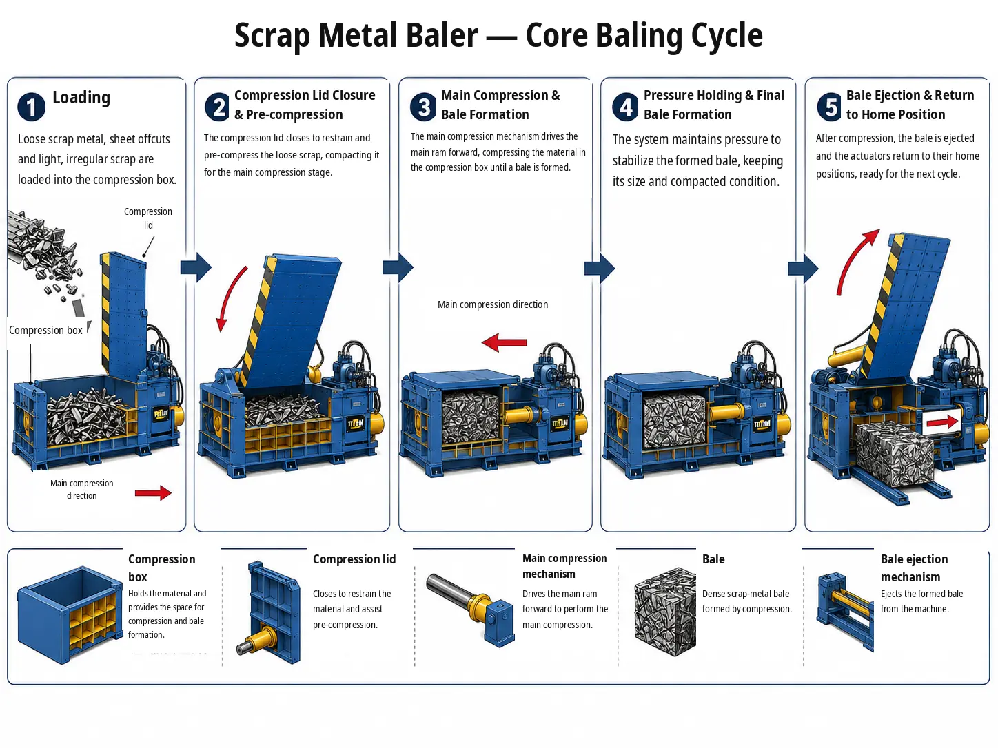 Core operating cycle from loading loose scrap metal and closing the compression lid through compression and bale formation to bale ejection and reset.