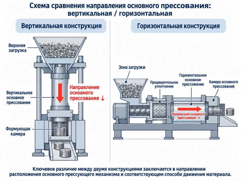 В чём разница между вертикальным и горизонтальным прессами для брикетирования металлической стружки?